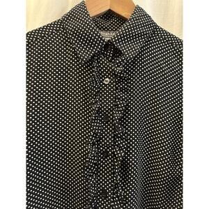 George ME Shirt Women Medium Black Silk Polka Dot Blouse Ruffle Button Up